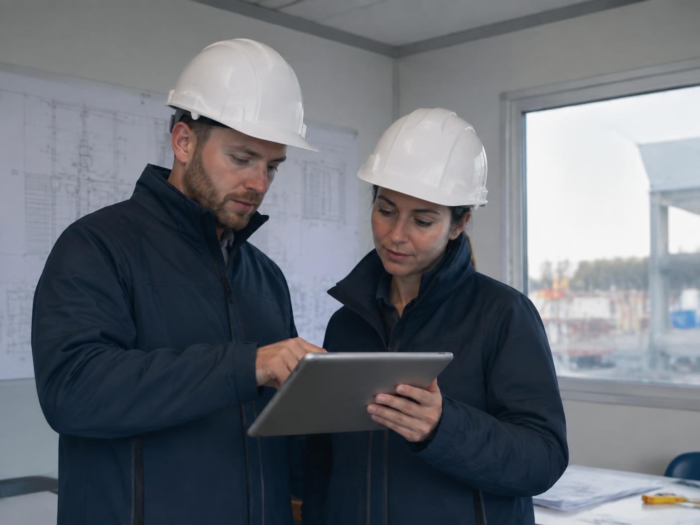 Ingenieros de D&electric revisando planos eléctricos en obra